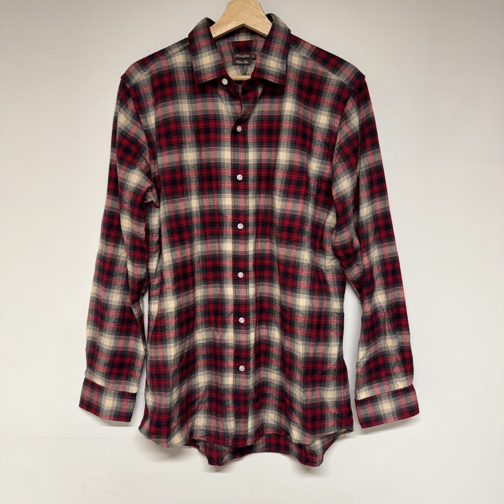 J.McLaughlin Mens Button Up Shirt Size M Long Sleeve Plaid Trim Fit Red Cotton